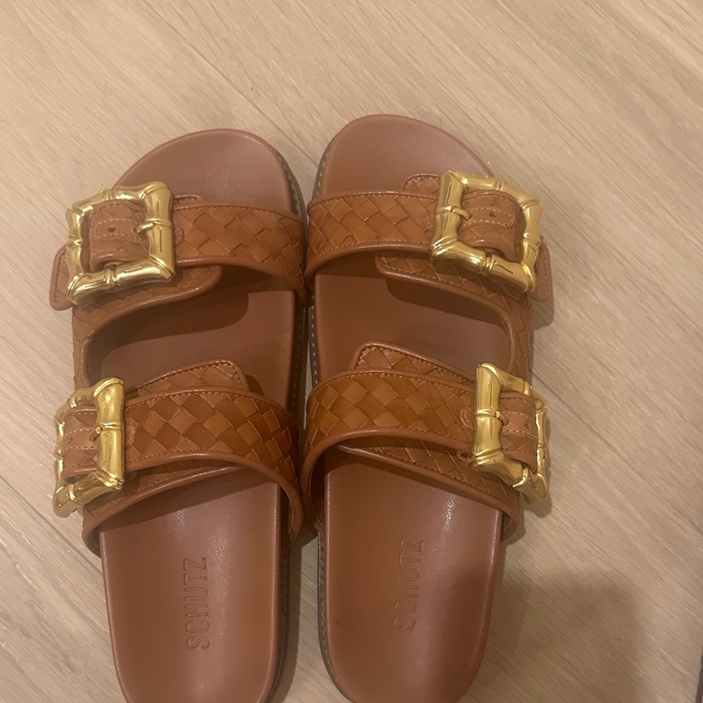 SCHUTZ Enola slide sandals in honey peach